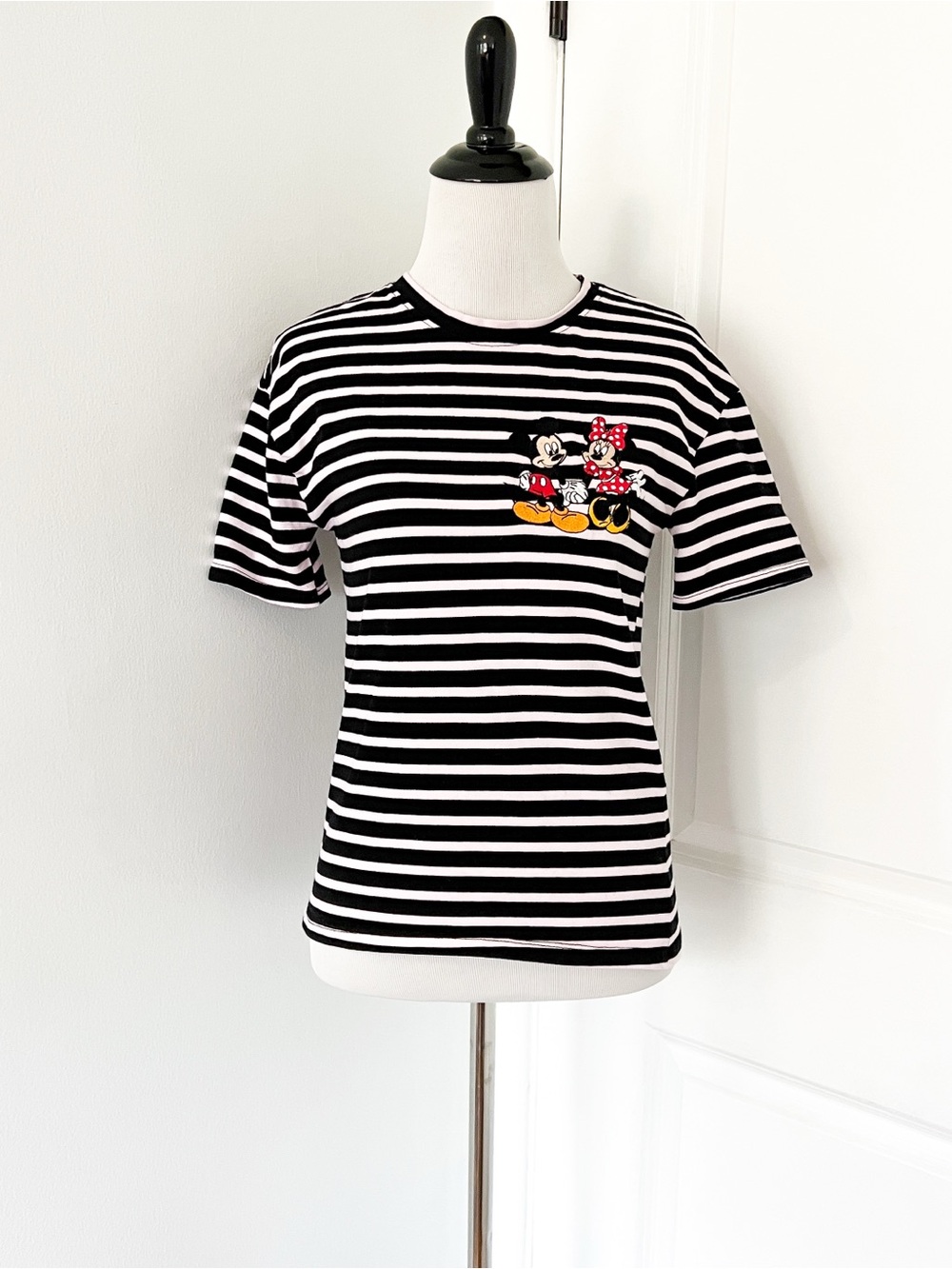 Zara Black & Pink Striped Tee with Mickey and Minnie Embroidered Patch - Small